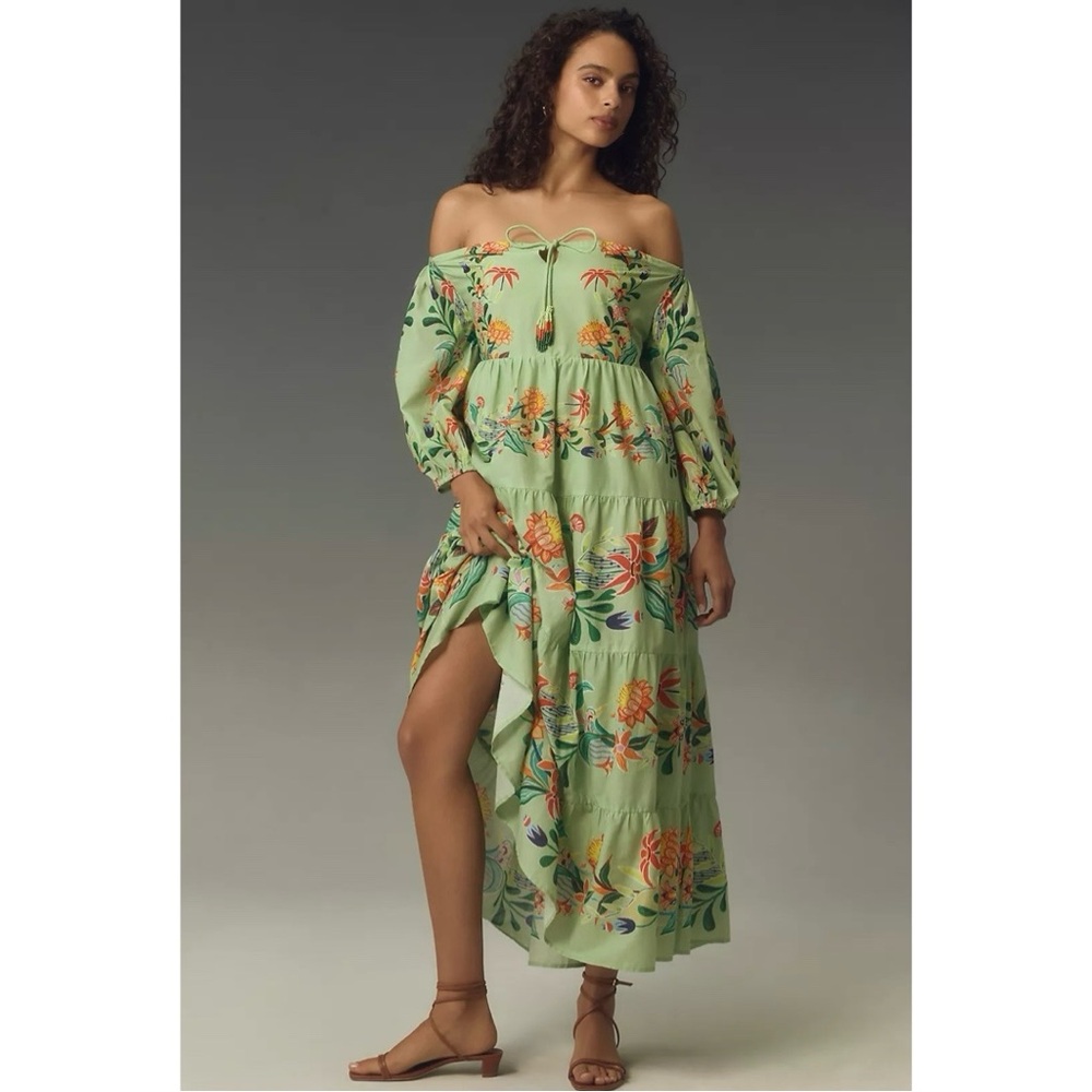 NWT Farm Rio x Anthropologie Off The Shoulder Tiered Floral Midi Dress